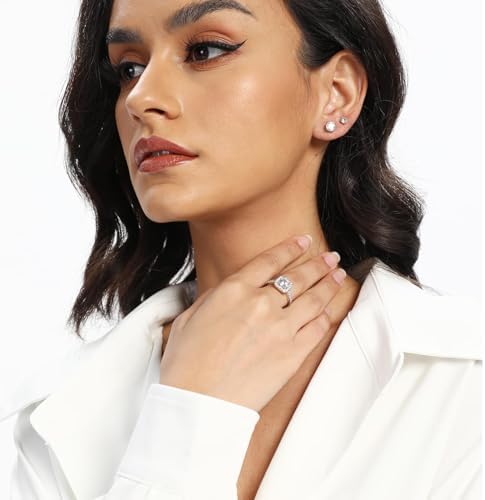 MDFUN 18K White Gold Plated Cubic Zirconia Three-in-One Halo Wedding Engagement Promise Eternity Ring For Women