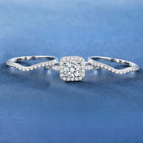 MDFUN 18K White Gold Plated Cubic Zirconia Three-in-One Halo Wedding Engagement Promise Eternity Ring For Women