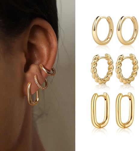 MIDEEO Gold/Sliver Chunky Hoop Earrings Set For Women 14K Gold Plated Twisted Huggie Hoop Earring Hypoallergenic Thick Open Lightweight Chunky Hoop Earrings Jewelry For Gifts