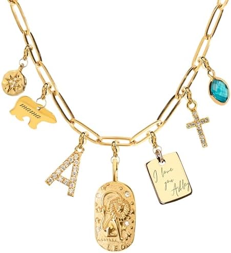 MignonandMignon Custom Gold Charm Necklace Personalized Gifts for Mom from Daughter Grandma Necklace Engravable Charms Unique Jewelry Gift for Her -P-CHARM-MIX-N