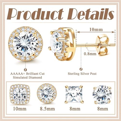 MILACOLATO Cubic Zirconia Stud Earrings For Women Men 18K Gold Plated Hypoallergenic Sterling Silver Post Earrings Big Brilliant Simulated Diamond CZ Halo Stud Earrings For Sensitive Ears