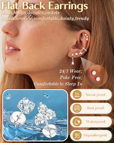 MILACOLATO Hypoallergenic Flat Back Earrings 14K Gold Plated Cartilage Earring Sets For Multiple Piercing 20G Surgical Stainless Steel Earrings For Women Trendy Earring Stacks Small Hoop Flatback Stud Earrings