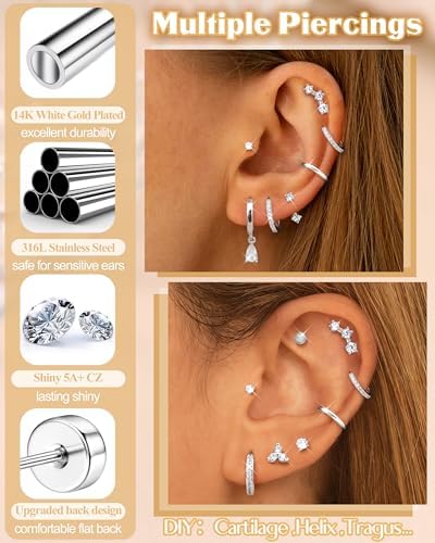 MILACOLATO Hypoallergenic Flat Back Earrings 14K Gold Plated Cartilage Earring Sets For Multiple Piercing 20G Surgical Stainless Steel Earrings For Women Trendy Earring Stacks Small Hoop Flatback Stud Earrings