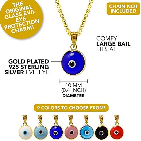 MIZZE Made For Luck Gold Plated 925 Sterling Silver 10 MM Round Glass Evil Eye Charm Pendant - 7 Colors To Choose From