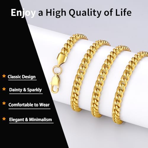 Momlovu 18K Gold Plated Chain Silver Tone Chain For Men Boys 4mm/6mm 18K Gold Plated Stainless Steel Cuban Link Chain Cool Men's Necklace Chain 18/20/22/24/26 Inch Durable Lobster Clasp