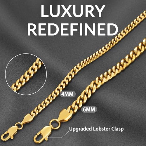 Momlovu 18K Gold Plated Chain Silver Tone Chain For Men Boys 4mm/6mm 18K Gold Plated Stainless Steel Cuban Link Chain Cool Men's Necklace Chain 18/20/22/24/26 Inch Durable Lobster Clasp