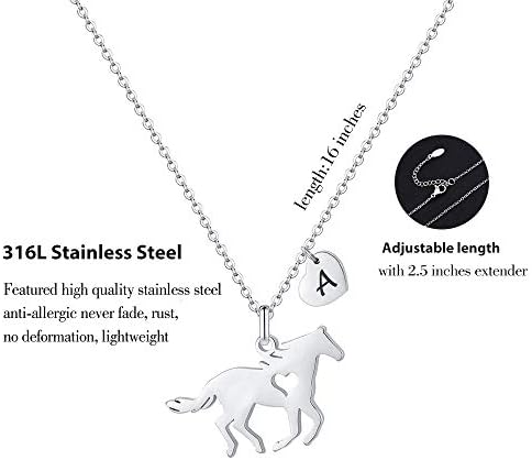MONOOC Horse Gifts For Girls Necklace - Stainless Steel Dainty Horse Pendant Heart 26 Initial A-Z Necklaces For Women Girl