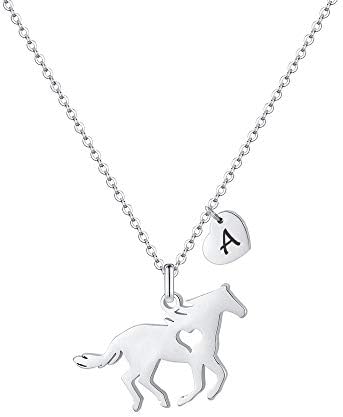 MONOOC Horse Gifts for Girls Necklace - Stainless Steel Dainty Horse Pendant Heart 26 Initial A-Z Necklaces for Women Girl