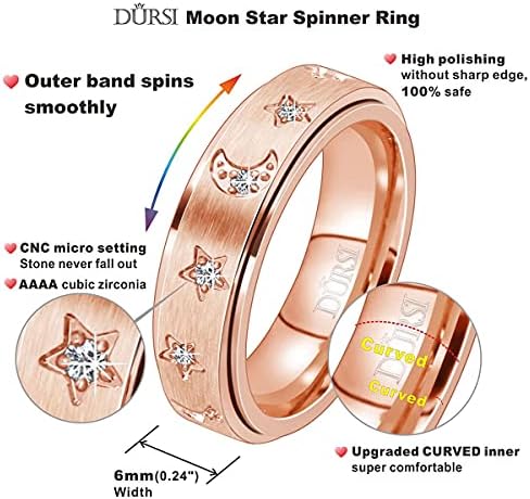 Moon Star Spinner Ring Fidget Anxiety Worry Rings For Women Girls Stainless Steel Engagement Wedding Promise Band With CZ Diamonds Silver Rose Gold 6mm
