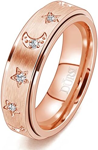 Moon Star Spinner Ring Fidget Anxiety Worry Rings for Women Girls Stainless Steel Engagement Wedding Promise Band with CZ Diamonds Silver Rose Gold 6mm