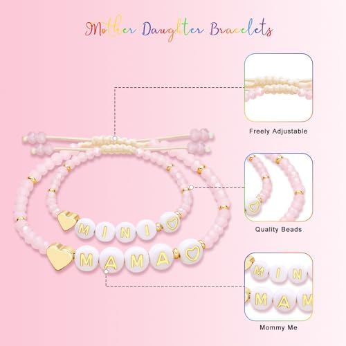 Mother Daughter Bead Bracelet Set For 2 Mommy And Me Matching Bead Bracelet Mama And Mini Matching Heart Bracelets For Mom Daughter Valentines Mother's Day Gift