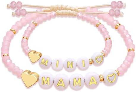 Mother Daughter Bead Bracelet Set for 2 Mommy and Me Matching Bead Bracelet Mama and Mini Matching Heart Bracelets for Mom Daughter Valentines Mother's Day Gift