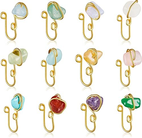 MTLEE 12 Pieces Fake Nose Cuff Rings Crystal Stone African Nose Rings Adjustable Non Piercing Septum for Women Men