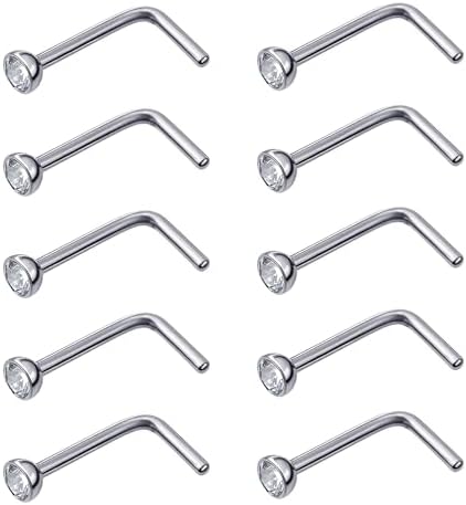 Mudder 20 Pcs Nose Rings Studs L Shaped Stainless Steel Nose Piercings Crystals L Bend Rings Rhinestone Screw Studs Piercing Curved Body Jewelry Ideal Gift for Women Men 20 Gauge