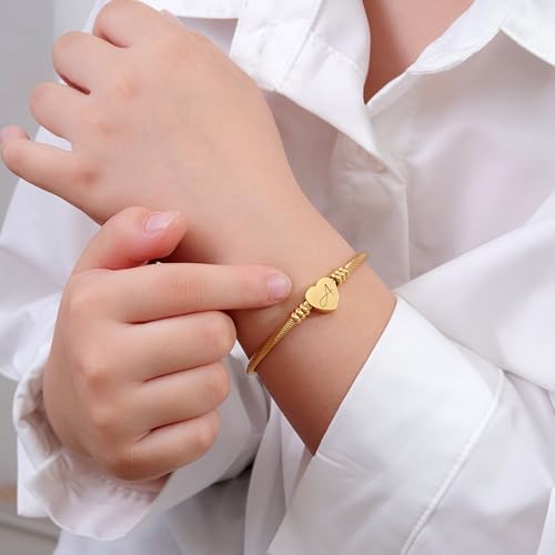 MYNENEY Gold/Rainbow Stainless Steel Bangles Jewery For Birthday Halloween Heart Initial A-Z Letters Bracelets For Girls