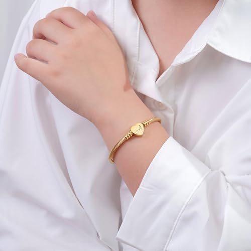 MYNENEY Gold/Rainbow Stainless Steel Bangles Jewery For Birthday Halloween Heart Initial A-Z Letters Bracelets For Girls