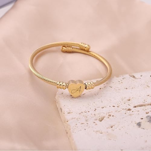 MYNENEY Gold/Rainbow Stainless Steel Bangles Jewery For Birthday Halloween Heart Initial A-Z Letters Bracelets For Girls