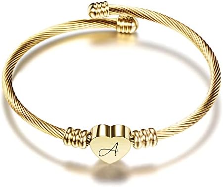 MYNENEY Gold/Rainbow Stainless Steel Bangles Jewery for Birthday Halloween Heart Initial A-Z Letters Bracelets for Girls