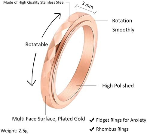 Nanafast 3mm Titanium Steel Anxiety Rings For Women Men Multi-faceted Wedding Band Fidget Rings For Anxiety For Women Rhombus Spinner Ring For Stress Relief Comfort Fit For Engagement