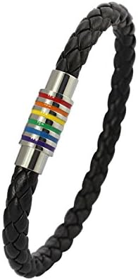 Nanafast Titanium Stainless Steel Rainbow LGBT Pride Bracelet Handmade Braided LGBTQ Pride Bracelets PU Leather Weave Plaited Wristband Jewelry
