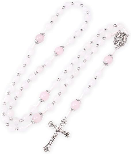 Nazareth Store 8mm White Jade & 10mm Natural Stone Beads Rosary Necklace St. Miraculous Medal & Cross Crucifix Catholic Prayer Beads Religious Jewelry