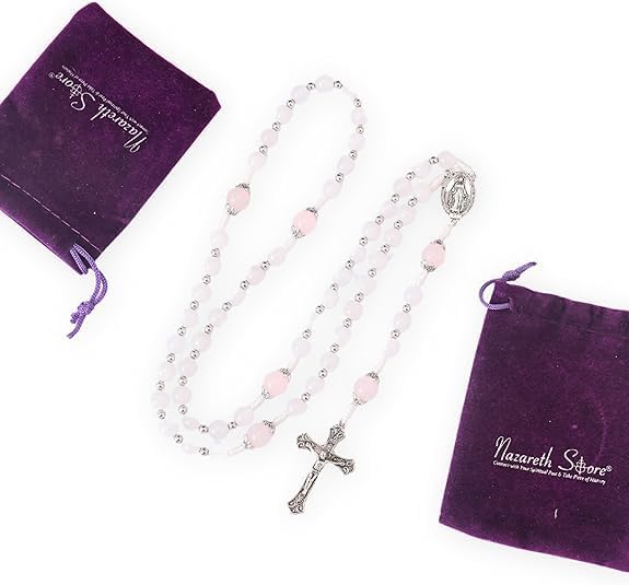 Nazareth Store 8mm White Jade & 10mm Natural Stone Beads Rosary Necklace St. Miraculous Medal & Cross Crucifix Catholic Prayer Beads Religious Jewelry