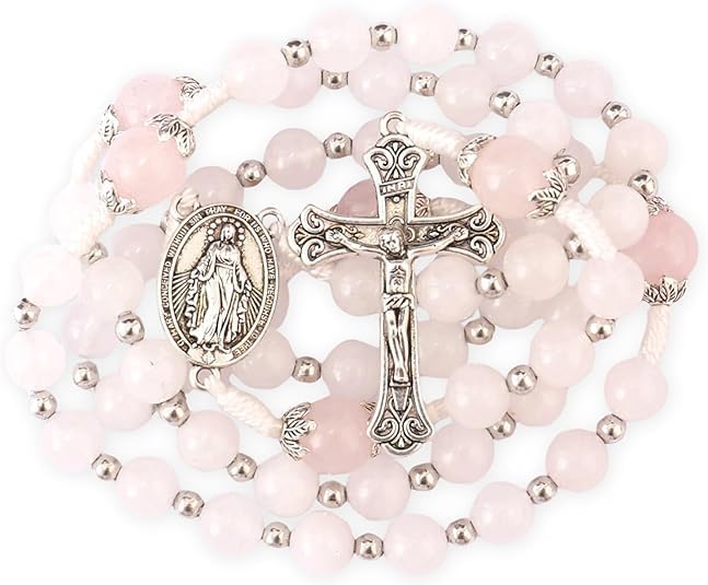 Nazareth Store 8mm White Jade & 10mm Natural Stone Beads Rosary Necklace St. Miraculous Medal & Cross Crucifix Catholic Prayer Beads Religious Jewelry