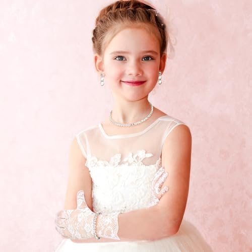 Newcotte 4 Pcs Pearl Necklace Sets For Little Girls Toddler Girls Jewelry Communion Glove For Christmas Tea Party Wedding