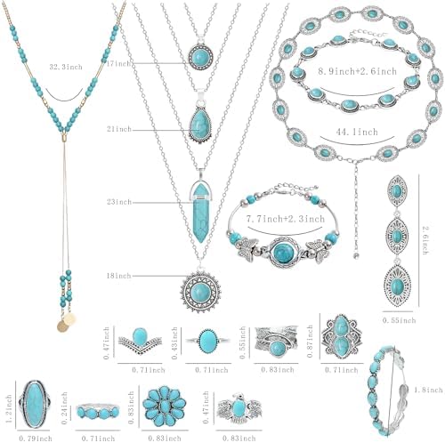 NEWITIN 20 Pieces Silver Bohemian Jewelry Set For Women Fashion Costume Jewels Turquoise Necklace Bracelet Ring Earrings Western Turquoise Jewelry Set For Women