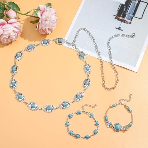 NEWITIN 20 Pieces Silver Bohemian Jewelry Set For Women Fashion Costume Jewels Turquoise Necklace Bracelet Ring Earrings Western Turquoise Jewelry Set For Women
