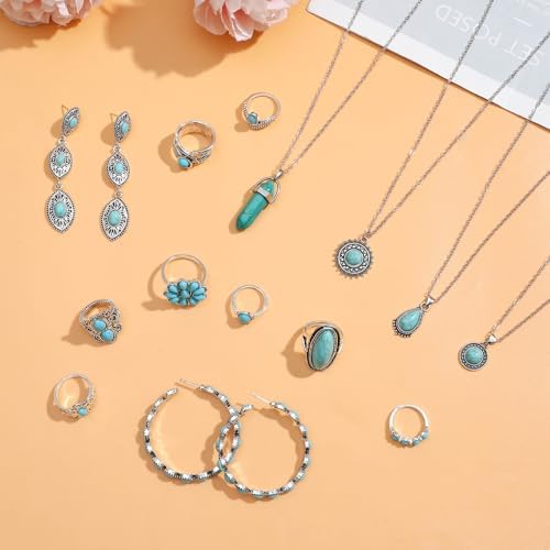 NEWITIN 20 Pieces Silver Bohemian Jewelry Set For Women Fashion Costume Jewels Turquoise Necklace Bracelet Ring Earrings Western Turquoise Jewelry Set For Women