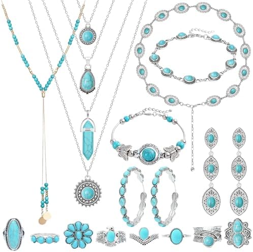 NEWITIN 20 Pieces Silver Bohemian Jewelry Set for Women Fashion Costume Jewels Turquoise Necklace Bracelet Ring Earrings Western Turquoise Jewelry Set for Women