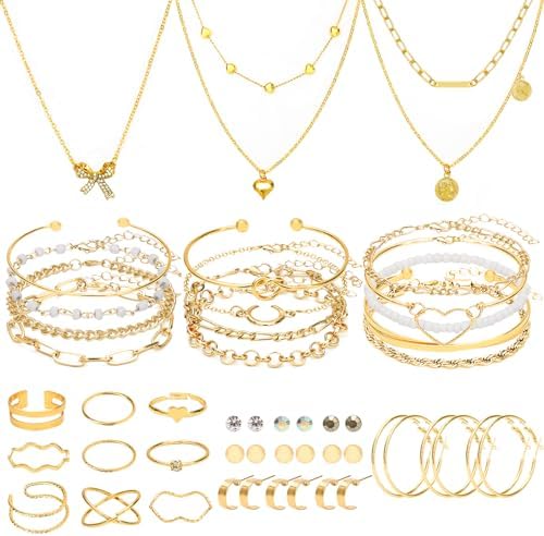 NEWITIN 49 Pieces Gold Jewelry Set for Women Fashion Costume Jewelry Gold Plated Necklace Bracelet Ring Earrings Set for Women