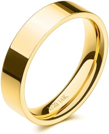 NOKMIT 5mm 14K Gold Filled Rings for Women Girls Dainty Thick Wedding Band Couple Anniversary Engagement Thumb Ring Gifts High Polished Plain Flat Cigar Band Tarnish Resistant Comfort Fit Size 4 to 11