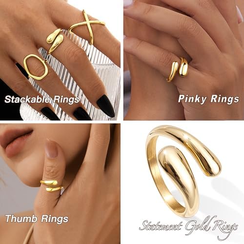 Non Tarnish Gold Chunky Rings For Women Gold Statement Dome Rings Stacking Silver Adjustable Mens Eternity Wedding Band Mixed Metal Jewelry Size 3-13