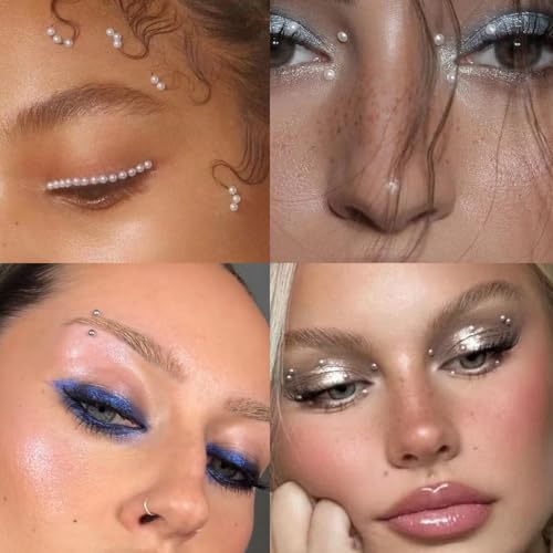 NOOEPC Pearl And Silver Mixed Face Gems Fake Piercings Fake Lip Ring Fake Nose Ring Fake Eyebrow Piercing Fake Lip Piercing Self-Adhesive Face Sticker Fake Piercing Balls Cool Punk Y2K Makeup