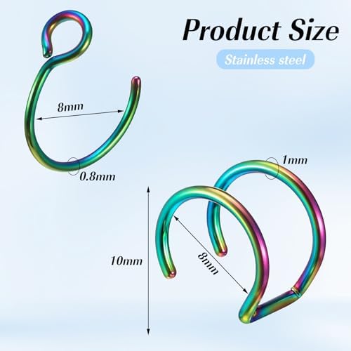 Nose Rings Hoops Double Hoop Nose Ring 10 Pcs Fake Noses Ring Lip Rings Stainless Steel Fake Lip Piercing Clip On Ear Cuffs Non Piercing Jewelry For Women Men 8mm