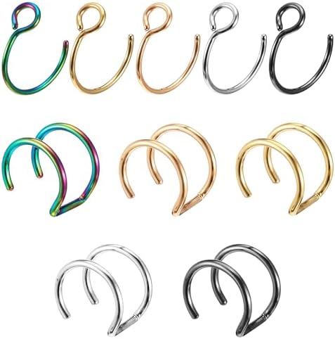 Nose Rings Hoops Double Hoop Nose Ring 10 Pcs Fake Noses Ring Lip Rings Stainless Steel Fake Lip Piercing Clip On Ear Cuffs Non Piercing Jewelry for Women Men 8mm