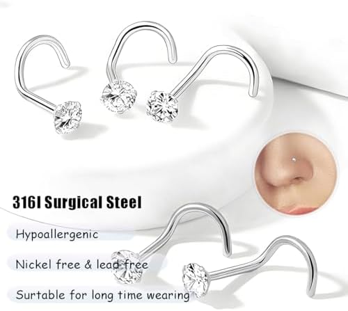 Nose Rings Studs: 8Pcs 20G Gold/Silver 316L Surgical Stainless Steel Nose Studs Hypoallergenic Corkscrew Nose Piercing Stud Jewelry For Women Men Clear Cubic Zirconia Imitation Diamond Top Size 1.5mm 2mm 2.5mm 3mm