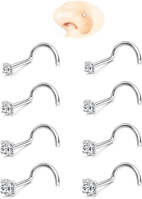 Nose Rings Studs: 8Pcs 20G Gold/Silver 316L Surgical Stainless Steel Nose Studs Hypoallergenic Corkscrew Nose Piercing Stud Jewelry for Women Men Clear Cubic Zirconia Imitation Diamond Top Size 1.5mm 2mm 2.5mm 3mm