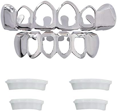 Open Face Grillz Teeth 24k Gold Grillz Plated Caps New Custom Fit Top & Bottom Grill Set for Kids + Extra Molding Bars + Microfiber Cloth