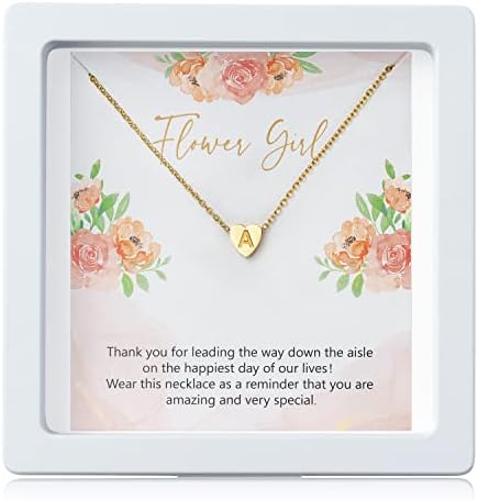 OSNIE Flower Girl A-Z Alphabet Pendant Necklace 14K Gold Plated Tiny Capital Letter Initial Heart Pendant Necklace Wedding Day Thank You for Being My Flower Girls Jewelry Gifts Proposal from Bride