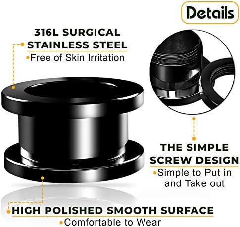 Pair Of 316L Surgical Steel Black Anodized Screw-fit Piercing Jewelry Ear Stretching Lobe Plugs Flesh Tunnel Earring