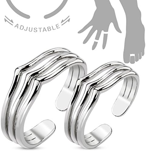 Pair Triple Lines Adjustable Rhodium Plated Brass Mid-Ring/Toe Ring