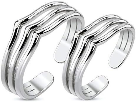 Pair Triple Lines Adjustable Rhodium Plated Brass Mid-Ring/Toe Ring