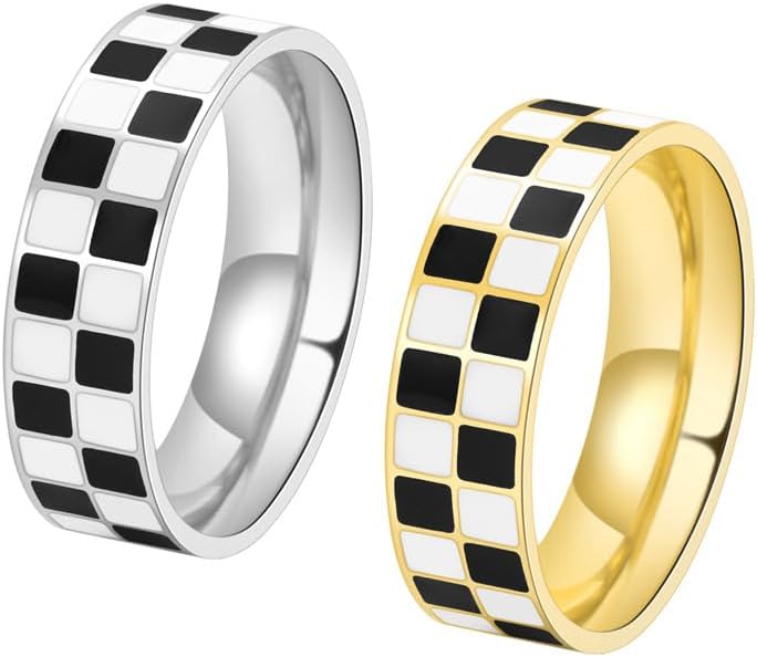 PAMTIER Unisex Stainless Steel 6mm Unique Irregular Black And White Checkerboard Pattern Signet Ring