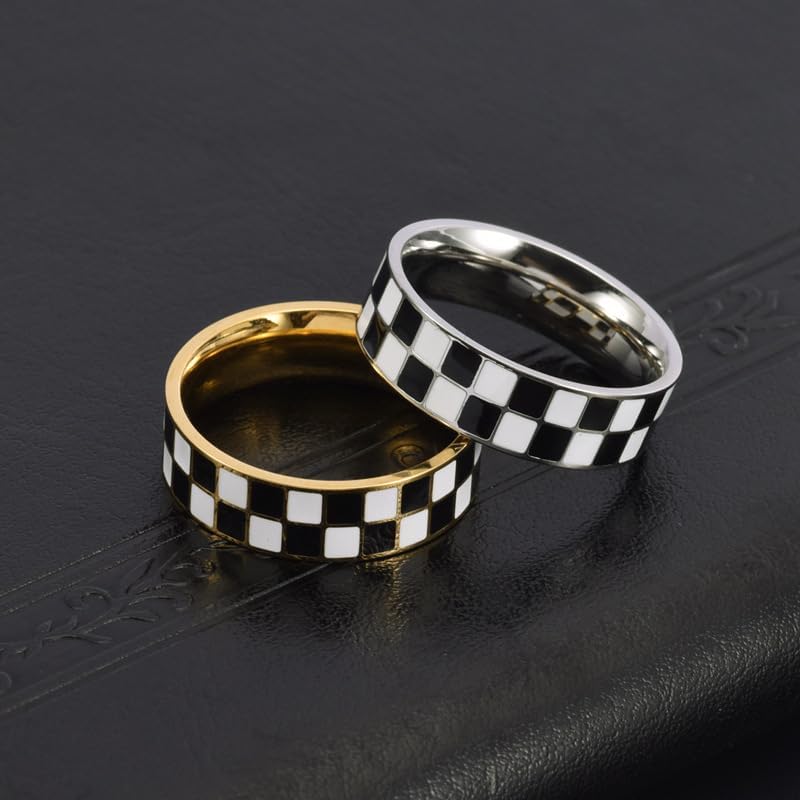 PAMTIER Unisex Stainless Steel 6mm Unique Irregular Black And White Checkerboard Pattern Signet Ring