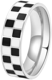 PAMTIER Unisex Stainless Steel 6mm Unique Irregular Black and White Checkerboard Pattern Signet Ring