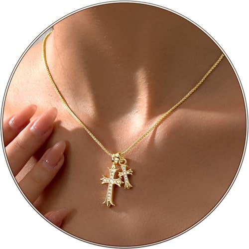 Partm Gold Cross Necklace for Women 14K Plated Dainty Pendant Cross Chain Faith Crucifix Choker Baptism Necklace for Women Trendy Religious Jewelry Hypoallergenic