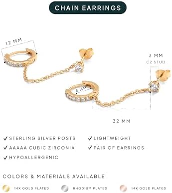 PAVOI 14K Gold Chain Earrings For Women Double Piercing Dangle Chain Huggie Hoop Earrings Cubic Zirconia Pearl Stud Ear Cuff Earrings For Women